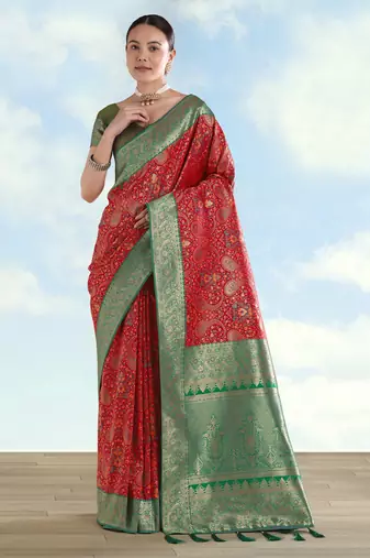 red silk blend banarasi jacuard work saree with unstitched blouse piece