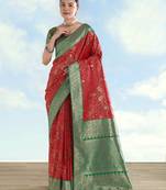 red silk blend banarasi jacuard work saree with unstitched blouse piece