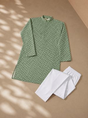 Green color handcrafted luckhnawi chikankari cotton men's kurta payjama set 5
