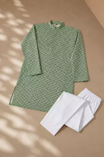 Green color handcrafted luckhnawi chikankari cotton men's kurta payjama set