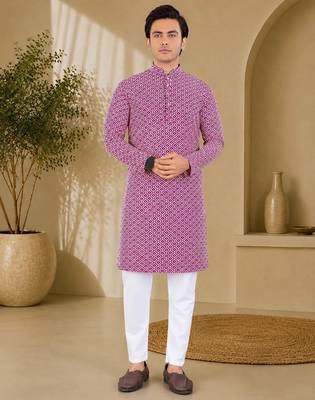 Maroon color handcrafted luckhnawi chikankari cotton men's kurta payjama set 1