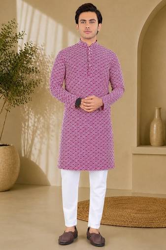 Maroon color handcrafted luckhnawi chikankari cotton men's kurta payjama set