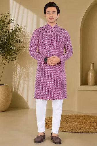 Maroon color handcrafted luckhnawi chikankari cotton men's kurta payjama set