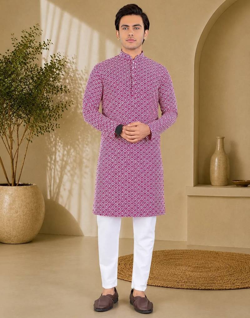 Maroon color handcrafted luckhnawi chikankari cotton men's kurta payjama set