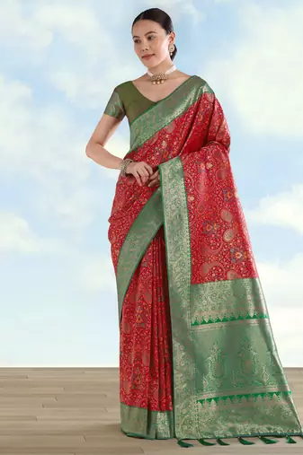 red silk blend banarasi jacuard work saree with unstitched blouse piece