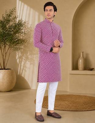 Maroon color handcrafted luckhnawi chikankari cotton men's kurta payjama set 2