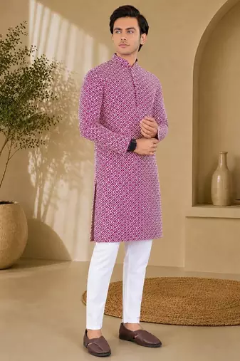 Maroon color handcrafted luckhnawi chikankari cotton men's kurta payjama set