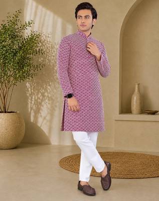 Maroon color handcrafted luckhnawi chikankari cotton men's kurta payjama set 3