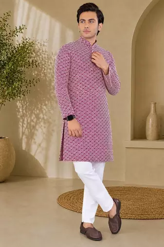 Maroon color handcrafted luckhnawi chikankari cotton men's kurta payjama set