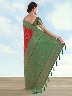 red silk blend banarasi jacuard work saree with unstitched blouse piece 3