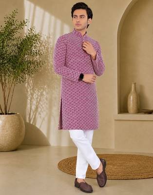 Maroon color handcrafted luckhnawi chikankari cotton men's kurta payjama set 4