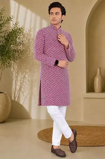 Maroon color handcrafted luckhnawi chikankari cotton men's kurta payjama set