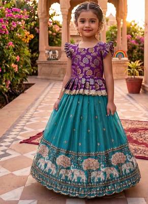 Kids moss satin elephant motif cutdana work lehenga with zari silk peplum blouse 1