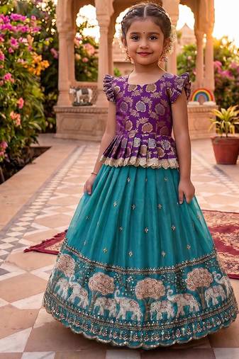 Kids moss satin elephant motif cutdana work lehenga with zari silk peplum blouse
