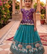 Kids moss satin elephant motif cutdana work lehenga with zari silk peplum blouse