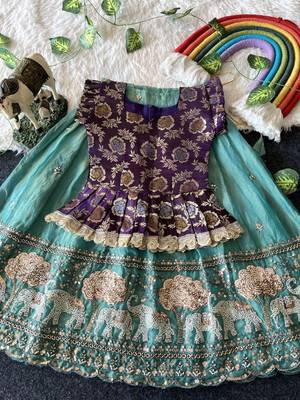 Kids moss satin elephant motif cutdana work lehenga with zari silk peplum blouse 2