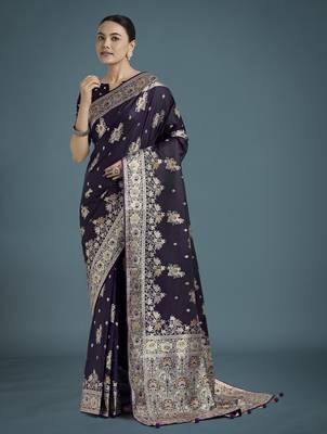 plum silk blend banarasi jacuard work saree with unstitched blouse piece 1