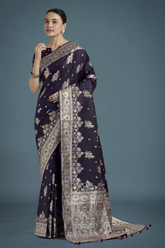 plum silk blend banarasi jacuard work saree with unstitched blouse piece
