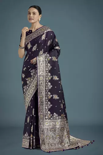 plum silk blend banarasi jacuard work saree with unstitched blouse piece