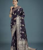 plum silk blend banarasi jacuard work saree with unstitched blouse piece