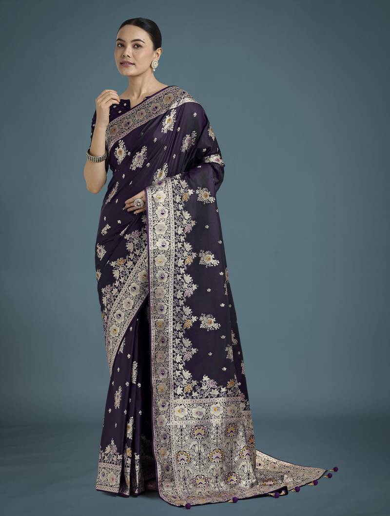 plum silk blend banarasi jacuard work saree with unstitched blouse piece