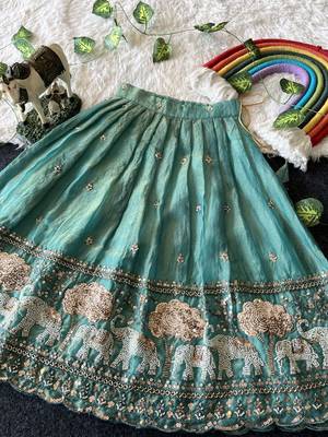 Kids moss satin elephant motif cutdana work lehenga with zari silk peplum blouse 3