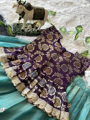 Kids moss satin elephant motif cutdana work lehenga with zari silk peplum blouse 4