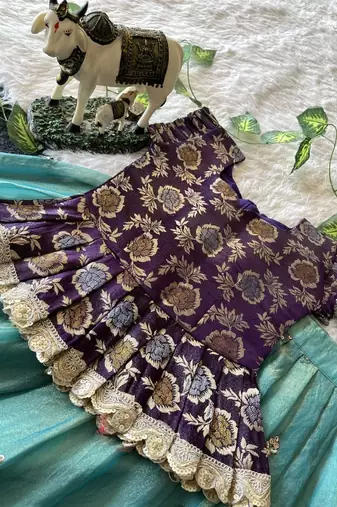 Kids moss satin elephant motif cutdana work lehenga with zari silk peplum blouse