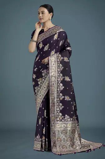 plum silk blend banarasi jacuard work saree with unstitched blouse piece