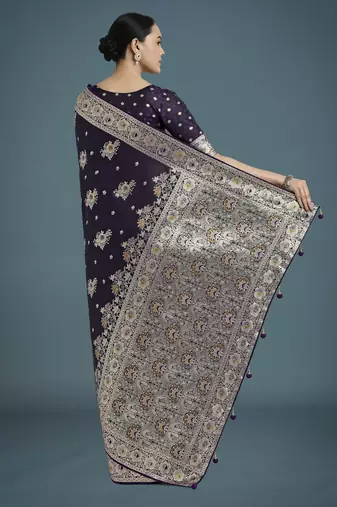 plum silk blend banarasi jacuard work saree with unstitched blouse piece