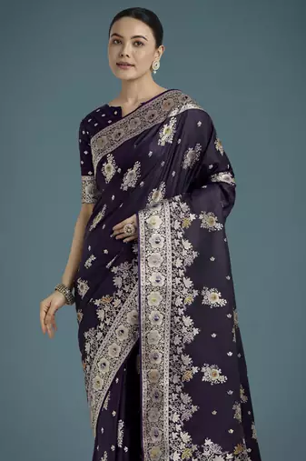 plum silk blend banarasi jacuard work saree with unstitched blouse piece