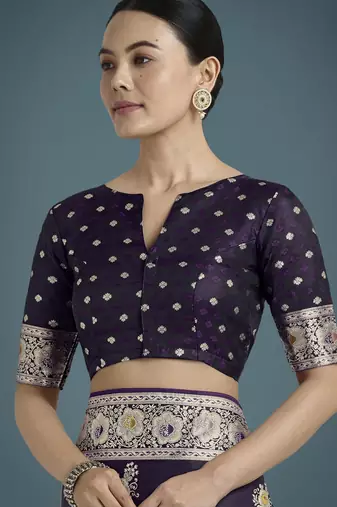 plum silk blend banarasi jacuard work saree with unstitched blouse piece