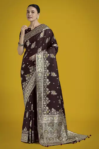 Maroon silk blend jacuard work saree with unstitched blouse piece
