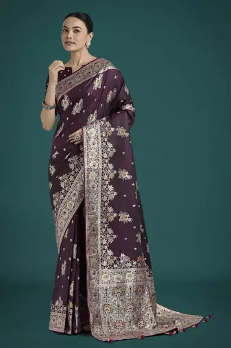wine silk blend banarasi jacuard work saree with unstitched blouse piece