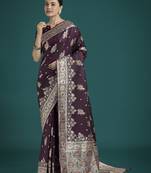 wine silk blend banarasi jacuard work saree with unstitched blouse piece