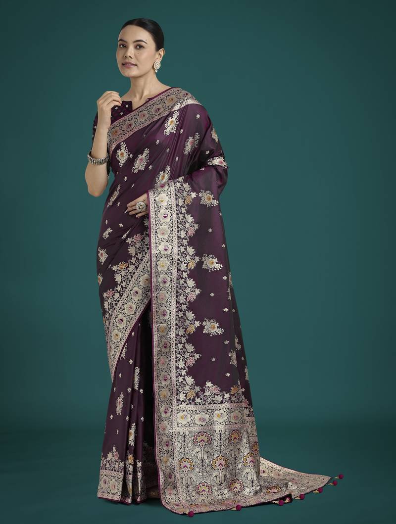 wine silk blend banarasi jacuard work saree with unstitched blouse piece
