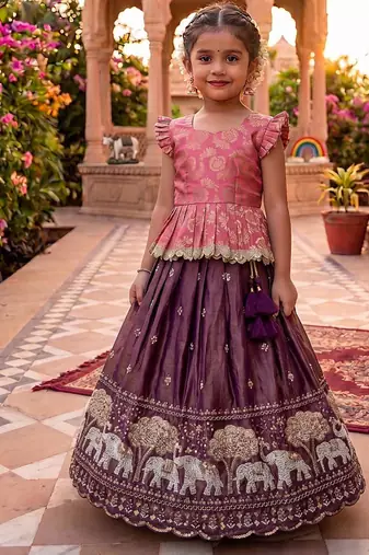 Kids moss satin elephant motif cutdana work lehenga with zari silk peplum blouse