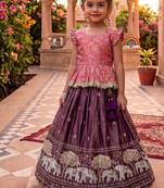 Kids moss satin elephant motif cutdana work lehenga with zari silk peplum blouse