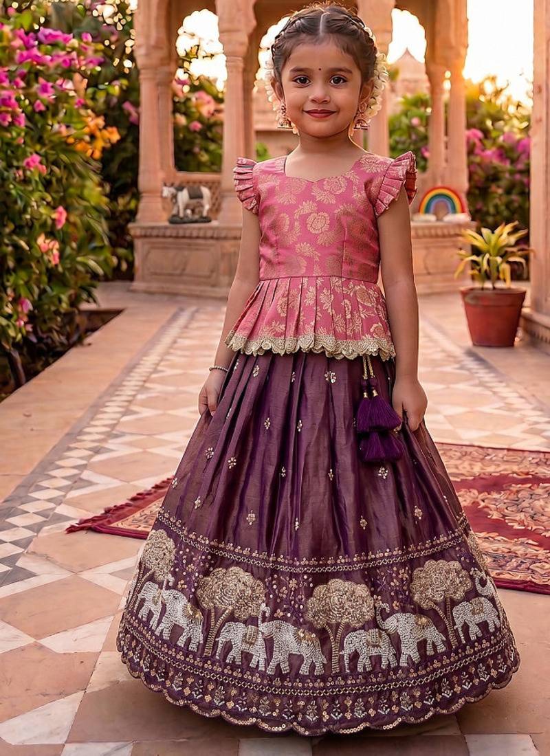 Kids moss satin elephant motif cutdana work lehenga with zari silk peplum blouse