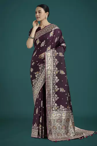 wine silk blend banarasi jacuard work saree with unstitched blouse piece