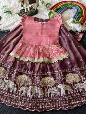 Kids moss satin elephant motif cutdana work lehenga with zari silk peplum blouse 2
