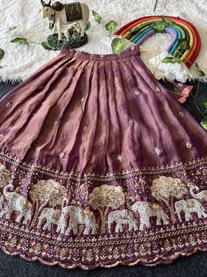 Kids moss satin elephant motif cutdana work lehenga with zari silk peplum blouse 3