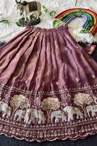 Kids moss satin elephant motif cutdana work lehenga with zari silk peplum blouse