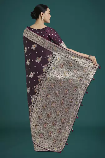 wine silk blend banarasi jacuard work saree with unstitched blouse piece