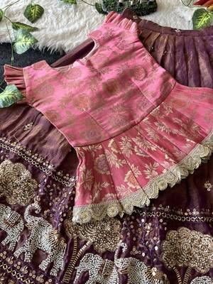 Kids moss satin elephant motif cutdana work lehenga with zari silk peplum blouse 4