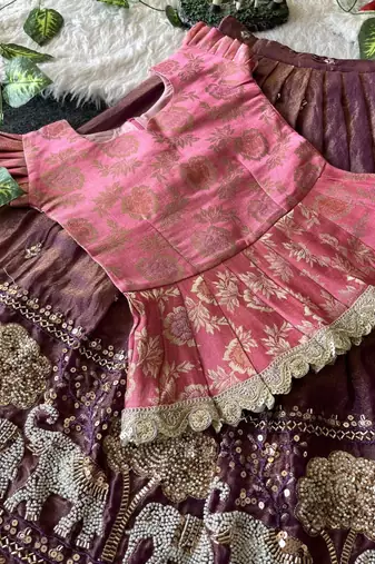 Kids moss satin elephant motif cutdana work lehenga with zari silk peplum blouse