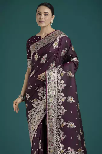 wine silk blend banarasi jacuard work saree with unstitched blouse piece
