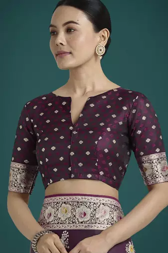 wine silk blend banarasi jacuard work saree with unstitched blouse piece