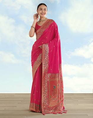 pink silk blend banarasi jacuard work saree with unstitched blouse piece 1