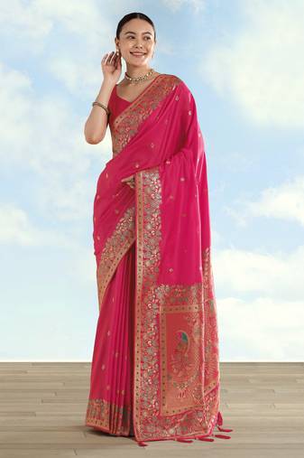 pink silk blend banarasi jacuard work saree with unstitched blouse piece